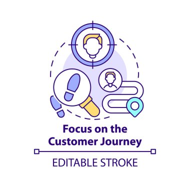 Müşteri yolculuğu konsepti ikonuna odaklan. Dijital ilk strateji soyut fikir ince çizgi çizimi. İzole bir taslak çizim. Düzenlenebilir felç. Arial, Myriad Pro-Kalın yazı tipleri