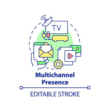 Çok kanallı varlık konsepti simgesi. Çevrimiçi platformlar. Dijital ilk avantajlar soyut fikir ince çizgi çizimi. İzole bir taslak çizim. Düzenlenebilir felç. Arial, Myriad Pro-Kalın yazı tipleri