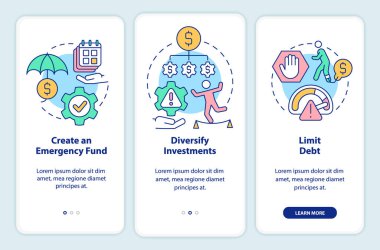 Gezici uygulama ekranında risk yönetimi için ek adımlar. Doğrusal kavramlarla dolu üç adımda grafik talimatları gözden geçir. UI, UX, GUI şablonu. Kullanılan sayısız Pro-Kalın, Düzenli yazı tipleri