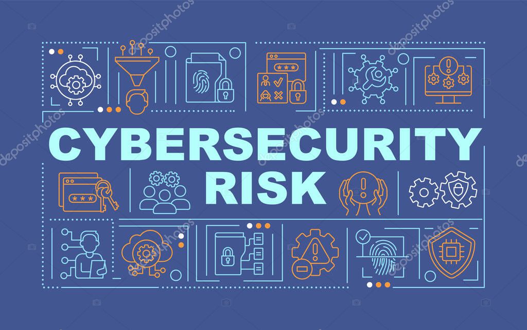 Cybersecurity risk word concepts dark blue banner. Digital protection. Infographics with icons on color background. Isolated typography. Vector illustration with text. Arial-Black font used