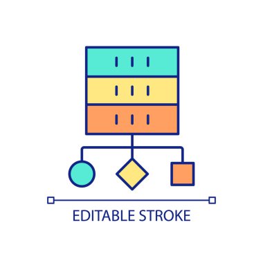 Büyük veri RGB renk simgesi düzenleniyor. Veri düzenlemesi. Dijital bilgi deposu. Bilgisayar sistemi. İzole vektör çizimi. Basit bir çizgi çizimi. Düzenlenebilir felç. Kullanılan Arial yazı tipi