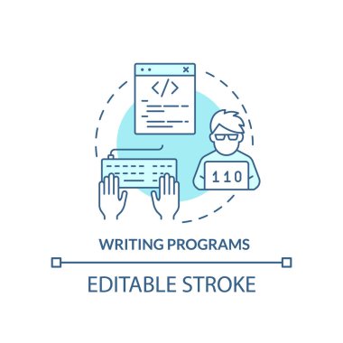 Turkuaz konsept ikonu yazılıyor. Yazılım tasarla ve inşa et. Yetenek programlama soyut fikir ince çizgi çizimi. İzole bir taslak çizim. Düzenlenebilir felç. Arial, Myriad Pro-Kalın yazı tipleri