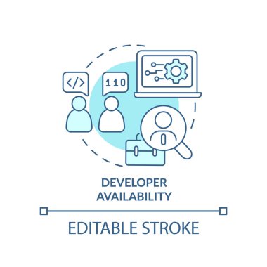 Geliştirici kullanılabilirlik turkuaz konsept simgesi. Dil seçimi standart soyut fikir ince çizgi çizimi programlanıyor. İzole bir taslak çizim. Düzenlenebilir felç. Arial, Myriad Pro-Kalın yazı tipleri