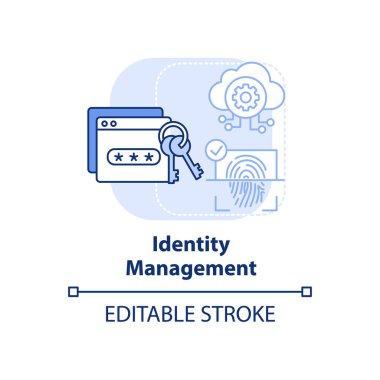 Kimlik yönetimi açık mavi konsept simgesi. Siber güvenlik fikri soyut ve ince çizgili çizim riskini göze alıyor. Bilgileri güvende tut. İzole bir taslak çizim. Düzenlenebilir felç. Arial, Myriad Pro-Kalın yazı tipleri