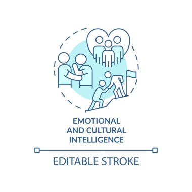 Duygusal ve kültürel zeka turkuaz konsept ikonu. Seçkin liderler soyut fikirlerin ince çizgili çizgilerini çizerler. İzole bir taslak çizim. Düzenlenebilir felç. Arial, Myriad Pro-Kalın yazı tipleri