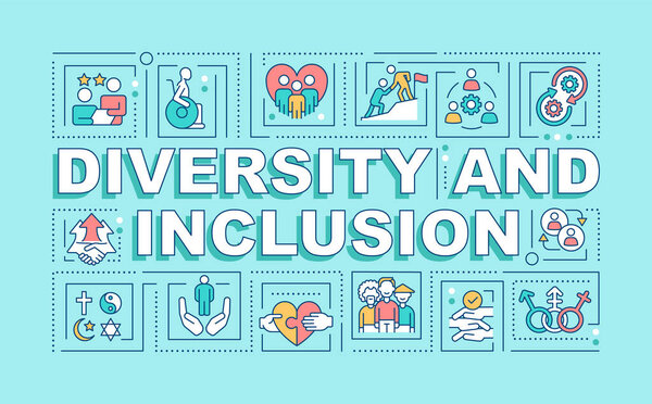 Diversity and inclusion word concepts turquoise banner. Infographics with editable icons on color background. Isolated typography. Vector illustration with text. Arial-Black font used