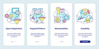 Mobil uygulama ekranında dil seçimi kriterleri programlanıyor. Doğrusal kavramlarla dolu dört adımda grafik talimatları uygula. UI, UX, GUI şablonu. Kullanılan sayısız Pro-Kalın, Düzenli yazı tipleri
