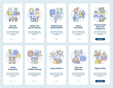 Mobil uygulama ekranında çeşitlilik ve kapsama. Hoşgörü, doğrusal kavramlarla birlikte düzenlenebilir grafik talimatlarını 5 adımdan geçirir. UI, UX, GUI şablonu. Kullanılan sayısız Pro-Kalın, Düzenli yazı tipleri