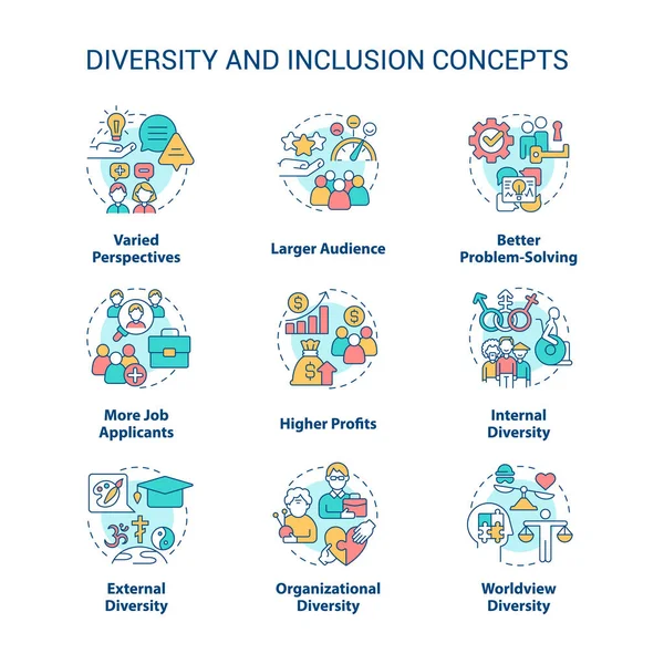 Conjunto Iconos Del Concepto Diversidad Inclusión Idea Perspectivas Variadas Ilustraciones — Vector de stock