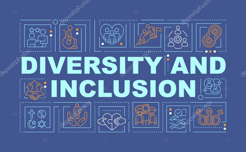 Diversity and inclusion word concepts dark blue banner. Infographics with editable icons on color background. Isolated typography. Vector illustration with text. Arial-Black font used