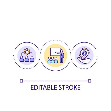 Çalışanların döngü konsepti ikonu için eğitim sağlıyorum. Yeni yetenekler öğren. Dijital ilk iş stratejisi soyut fikir ince çizgi çizimi. İzole bir taslak çizim. Düzenlenebilir felç. Kullanılan Arial yazı tipi