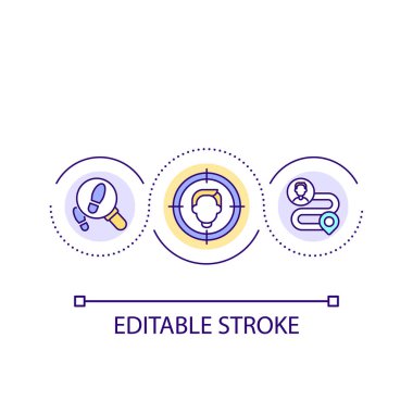 Müşteri deneyimi döngüsü konseptine dikkat edin. Dijital ilk iş stratejisi soyut fikir ince çizgi çizimi. İzole bir taslak çizim. Düzenlenebilir felç. Kullanılan Arial yazı tipi