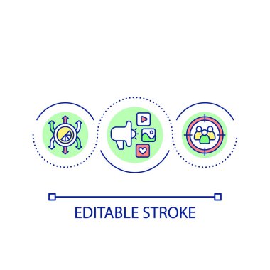 Hedef reklam döngüsü konsepti ikonu. Kişisel içerik. Dijital ilk gerçeklik soyut fikir ince çizgi çizimi. İzole bir taslak çizim. Düzenlenebilir felç. Kullanılan Arial yazı tipi