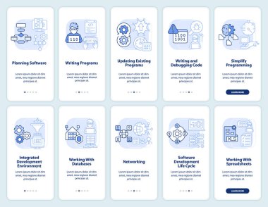 Profesyonel programcı becerileri açık mavi renkli mobil uygulama ekran seti. Çizgisel kavramlarla birlikte 5 adımlık grafik talimatları gözden geçir. UI, UX, GUI şablonu. Kullanılan sayısız Pro-Kalın, Düzenli yazı tipleri