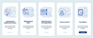 Program geliştirme becerileri seyyar uygulama ekranında açık mavi. Çizgisel kavramlarla dolu 5 aşamalı grafik talimatları. UI, UX, GUI şablonu. Kullanılan sayısız Pro-Kalın, Düzenli yazı tipleri