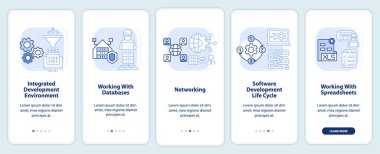Program geliştirme becerileri seyyar uygulama ekranında açık mavi renkte. Çizgisel kavramlarla dolu 5 aşamalı grafik talimatları. UI, UX, GUI şablonu. Kullanılan sayısız Pro-Kalın, Düzenli yazı tipleri