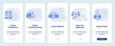 İşyeri çeşitliliği mobil uygulama ekranında açık mavi renkten faydalanıyor. Doğrusal kavramlarla düzenlenebilir grafik yönergelerini 5 adımda gezdir. UI, UX, GUI şablonu. Kullanılan sayısız Pro-Kalın, Düzenli yazı tipleri