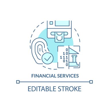 Finansal hizmetler turkuvaz konsept ikonu. Biyometrik teknoloji soyut fikir ince çizgi çizimi kullanır. Ödemeler. İzole bir taslak çizim. Düzenlenebilir felç. Arial, Myriad Pro-Kalın yazı tipleri
