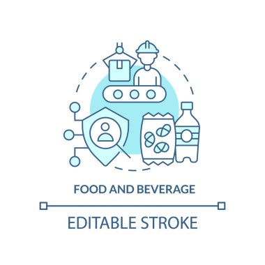 Yiyecek ve içecek türkuaz konsept ikonu. Biyometrik teknoloji soyut fikir ince çizgi çizimi kullanır. Üretim. İzole bir taslak çizim. Düzenlenebilir felç. Arial, Myriad Pro-Kalın yazı tipleri
