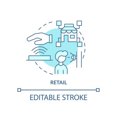 Perakende turkuaz konsept simgesi. Biyometrik teknoloji uygulaması soyut fikir ince çizgi çizimi. Alışveriş deneyimi. İzole bir taslak çizim. Düzenlenebilir felç. Arial, Myriad Pro-Kalın yazı tipleri