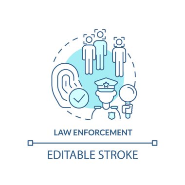 Kolluk kuvvetleri turkuaz konsept ikonu. Biyometrik teknoloji soyut fikir ince çizgi çizimi. Ceza adaleti. İzole bir taslak çizim. Düzenlenebilir felç. Arial, Myriad Pro-Kalın yazı tipleri