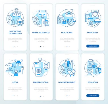 Mobil uygulama ekranında biyometrik teknolojinin kullanımı. Doğrusal kavramlarla düzenlenebilir grafik yönergelerini dört adımda gözden geçir. UI, UX, GUI şablonu. Kullanılan sayısız Pro-Kalın, Düzenli yazı tipleri