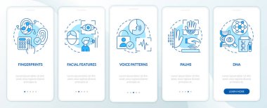 Biyometrik teknoloji mavi, mobil uygulama ekranında. Doğrusal kavramlarla düzenlenebilir beş adımlık grafik yönergeleri arasında kimlik gezinmesi. UI, UX, GUI şablonu. Kullanılan sayısız Pro-Kalın, Düzenli yazı tipleri