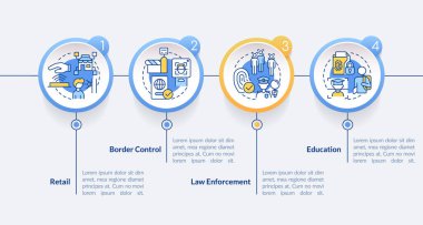 Biyometrik teknoloji uygulama çemberi bilgi şablonu. Veri görselleştirmesi 4 adımda. Düzenlenebilir zaman çizelgesi. Satır simgeleriyle çalışma akışı düzeni. Kullanılan Lato Kalın, Düzenli yazı tipleri