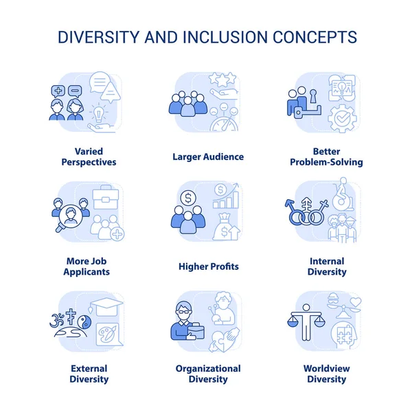 Conjunto Iconos Concepto Azul Claro Diversidad Inclusión Idea Perspectivas Variadas — Vector de stock