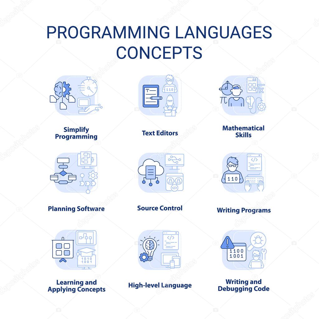 Programming languages light blue concept icons set. Writing code. Computer science idea thin line color illustrations. Isolated symbols. Editable stroke. Roboto-Medium, Myriad Pro-Bold fonts used