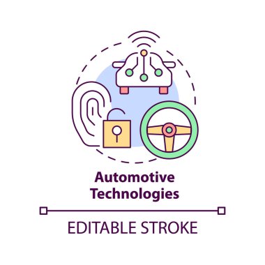 Otomotiv teknolojileri konsepti ikonu. Biyometrik teknoloji soyut fikir ince çizgi çizimi kullanır. Kendi kendine giden arabalar. İzole bir taslak çizim. Düzenlenebilir felç. Arial, Myriad Pro-Kalın yazı tipleri