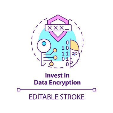 Veri şifreleme konsepti simgesine yatırım yapın. Müşteri dijital kimlik soyut fikir ince çizgi illüstrasyonunu yönetin. İzole bir taslak çizim. Düzenlenebilir felç. Arial, Myriad Pro-Kalın yazı tipleri