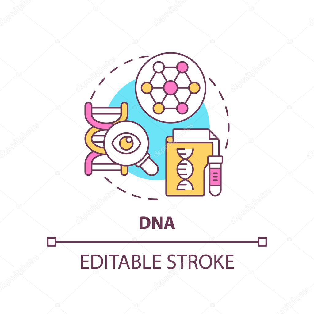 DNA concept icon. Biometric identification technology abstract idea thin line illustration. Forensic investigations. Isolated outline drawing. Editable stroke. Arial, Myriad Pro-Bold fonts used