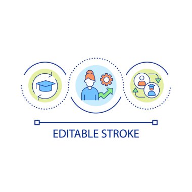 Çalışan nitelikleri döngüsü konsept simgesi artırılıyor. Sürekli geliştirme becerileri soyut fikir ince çizgi çizimi. Eğitim kursları. İzole bir taslak çizim. Düzenlenebilir felç. Kullanılan Arial yazı tipi