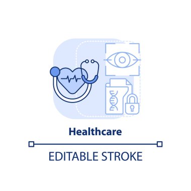 Sağlık hizmeti açık mavi konsept simgesi. Biyometrik teknoloji soyut fikir ince çizgi çizimi kullanır. Hastanın kimliği. İzole bir taslak çizim. Düzenlenebilir felç. Arial, Myriad Pro-Kalın yazı tipleri