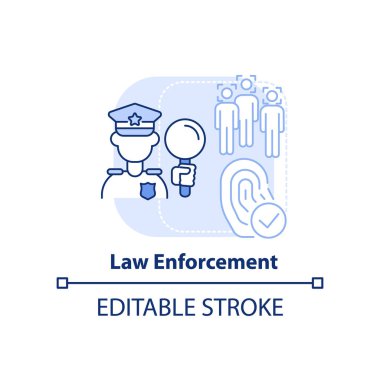 Kolluk kuvvetleri açık mavi konsept ikonu. Biyometrik teknoloji soyut fikir ince çizgi çizimi. Ceza adaleti. İzole bir taslak çizim. Düzenlenebilir felç. Arial, Myriad Pro-Kalın yazı tipleri