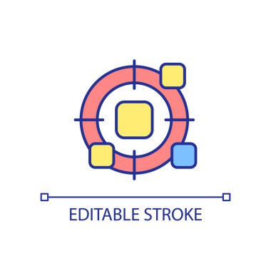 Hedef RGB renk simgesi. Nişan alıyorum. Elementi tanımla ve sapta. Önemsiz ayrıntıları göz ardı ediyorum. İzole vektör çizimi. Basit bir çizgi çizimi. Düzenlenebilir felç. Kullanılan Arial yazı tipi