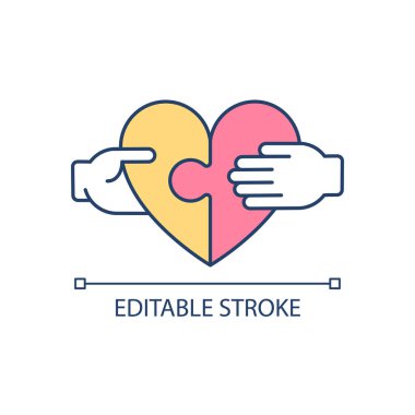 Nezaketi ve RGB renk ikonunu paylaşıyoruz. İnsani yardım organizasyonu. Empati yeteneği. Endişelerini dile getir. İzole vektör çizimi. Basit bir çizgi çizimi. Düzenlenebilir felç. Kullanılan Arial yazı tipi