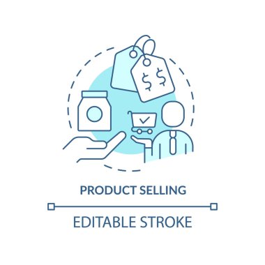 Turkuaz konsept ikonu satan ürünler. Pazarlama stratejisi soyut fikir ince çizgi çizimi. Ürünü pazara getir. İzole bir taslak çizim. Düzenlenebilir felç. Arial, Myriad Pro-Kalın yazı tipleri