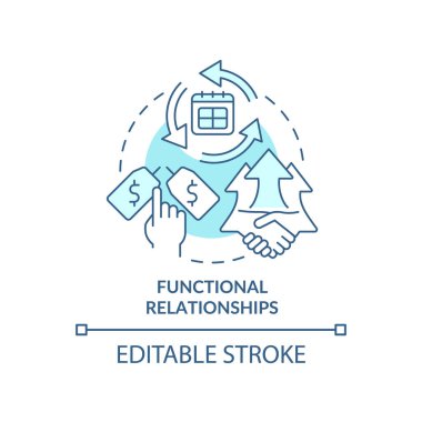 Fonksiyonel ilişkiler turkuaz konsept simgesi. Alıcı-satıcı etkileşimi soyut fikir ince çizgi çizimi. İzole bir taslak çizim. Düzenlenebilir felç. Arial, Myriad Pro-Kalın yazı tipleri