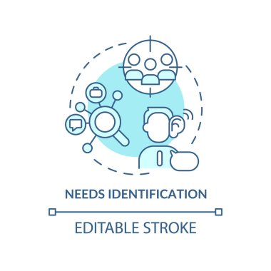 Kimlik turkuaz konsept simgesi gerekiyor. Satış süreci soyut fikir ince çizgi çizimi. Müşteri analiz istiyor. İzole bir taslak çizim. Düzenlenebilir felç. Arial, Myriad Pro-Kalın yazı tipleri