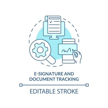E-imza ve belge izleme turkuaz konsept simgesi. Satış aracı soyut fikir ince çizgi çizimi. Yasal statü. İzole bir taslak çizim. Düzenlenebilir felç. Arial, Myriad Pro-Kalın yazı tipleri
