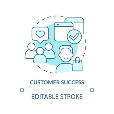 Müşteri başarısı turkuaz konsept ikonu. Satış aracı soyut fikir ince çizgi çizimi. Müşterilere ulaş. Yönetimden. İzole bir taslak çizim. Düzenlenebilir felç. Arial, Myriad Pro-Kalın yazı tipleri