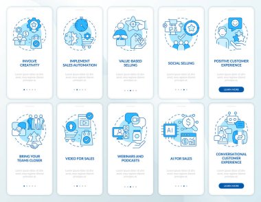 Mobil uygulama ekranında mavi trendler satılıyor. İş gezintisi, doğrusal kavramlarla düzenlenebilir grafik talimatları. UI, UX, GUI şablonu. Kullanılan sayısız Pro-Kalın, Düzenli yazı tipleri