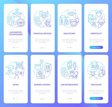 Mobil uygulama ekranında biyometrik teknolojinin kullanımı mavi gradyan. Doğrusal kavramlarla birlikte 4 aşamalı grafik talimatlar. UI, UX, GUI şablonu. Kullanılan sayısız Pro-Kalın, Düzenli yazı tipleri
