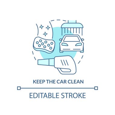 Arabanın turkuaz konsept simgesini temiz tut. İç mekan, dış temizlik. Yolculuk ipuçları soyut fikir ince çizgi çizimi. İzole bir taslak çizim. Düzenlenebilir felç. Arial, Myriad Pro-Kalın yazı tipleri
