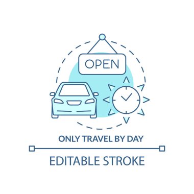 Sadece gündüzleri seyahat et turkuaz konsept simgesi. Güvenli bir macera. Yol tavsiyesi soyut fikir ince çizgi çizimi. İzole bir taslak çizim. Düzenlenebilir felç. Arial, Myriad Pro-Kalın yazı tipleri