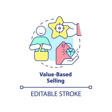 Değer tabanlı satış konsepti ikonu. Satış trendi soyut fikir ince çizgi çizimi. Müşterilerin akıllıca satın alma kararları. İzole bir taslak çizim. Düzenlenebilir felç. Arial, Myriad Pro-Kalın yazı tipleri