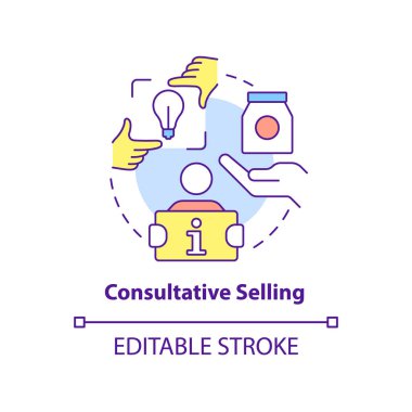 Danışman satış konsepti ikonu. Başarılı satış stratejisi soyut fikir ince çizgi çizimi. Araştırmacı yaklaşım. İzole bir taslak çizim. Düzenlenebilir felç. Arial, Myriad Pro-Kalın yazı tipleri