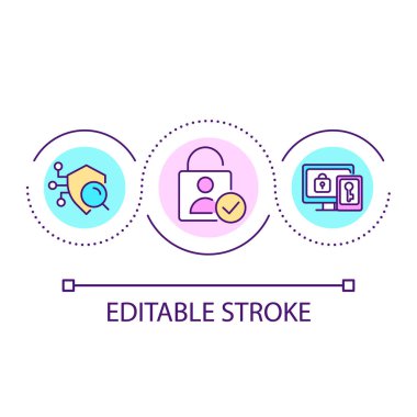 Müşteri biyometrik veri döngüsü konsepti ikonu korunuyor. Güvenlik önlemi soyut fikir ince çizgi çizimi. Erişim yönetimi. İzole bir taslak çizim. Düzenlenebilir felç. Kullanılan Arial yazı tipi